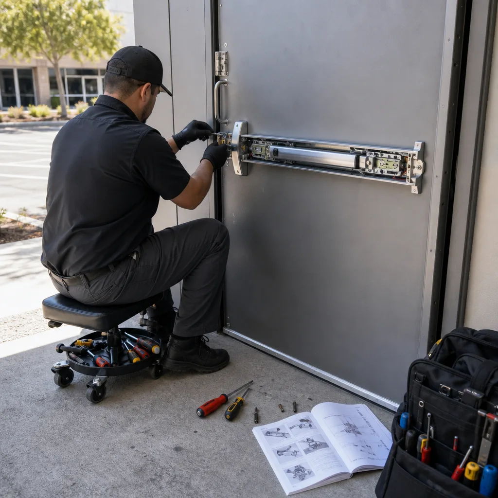 Commercial locksmith installing a panic bar exit device on a door