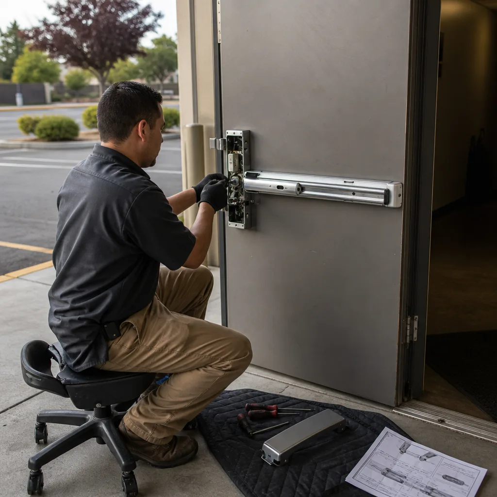 Professional locksmith repairing a commercial panic bar door exit device